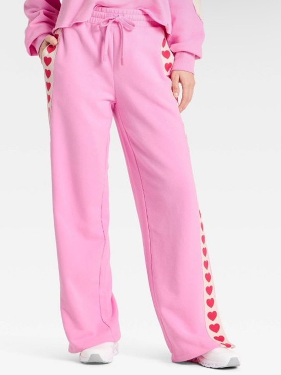 JoyLab Pants - JoyLab Pink Heart-Trim Lounge Wide Leg Sweatpants